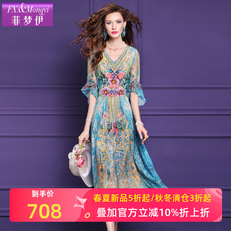 菲梦伊100桑蚕丝印花连衣裙女夏季波嬉风双绉真丝烫钻度假长裙子