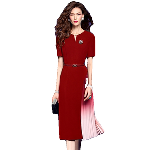 菲梦伊红色连衣裙女夏装高端优雅端庄大气时尚修身渐变色百褶裙子