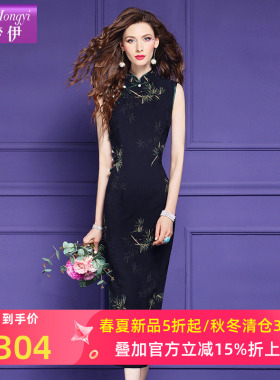 菲梦伊新中式印花黑色连衣裙女夏装法式复古国风修身气质旗袍礼服