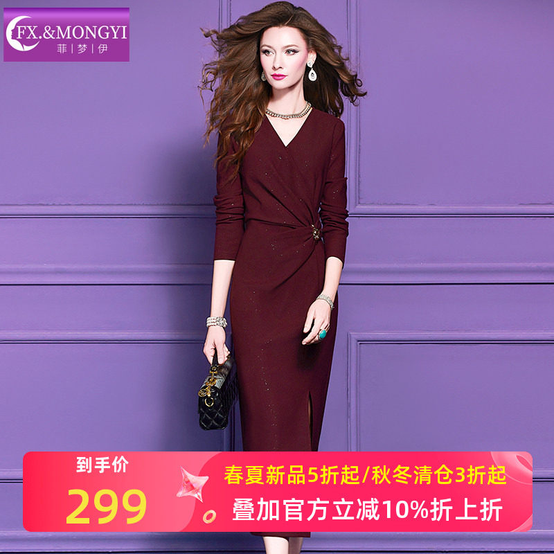 菲梦伊原创红色连衣裙女冬季设计感褶皱收腰V领开叉打底裙子礼服