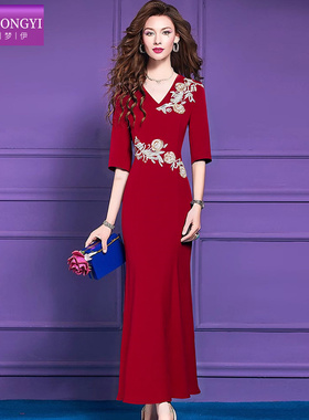 菲梦伊钉珠红色连衣裙女秋装新款本命年轻熟高端绣花气质礼服长裙