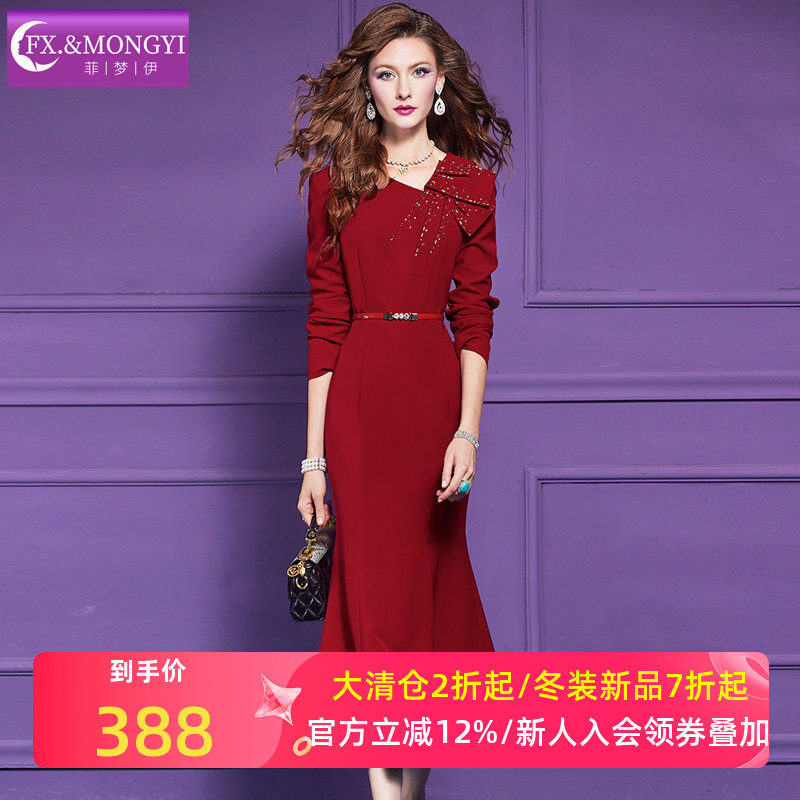 菲梦伊原创钉珠红色连衣裙女长袖秋装高贵名媛收腰斜领鱼尾长裙子,女装/女士精品,连衣裙,淘宝优惠券,粉丝福利购,淘宝优惠卷