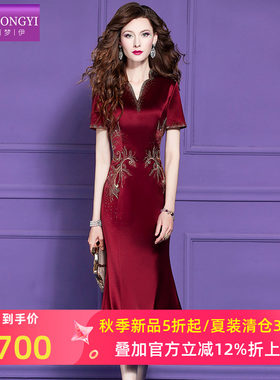 菲梦伊烫钻绣花红色连衣裙女夏季轻熟名媛气质女神范修身鱼尾裙子
