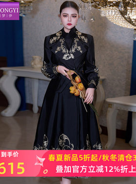 菲梦伊原创绣花黑色风衣外套女春季英伦风时尚休闲收腰中长款大衣