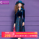 菲梦伊原创蓝色金丝绒绣花连衣裙女冬季 复古高腰轻熟气质A字裙子