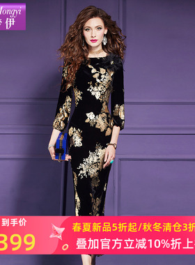 菲梦伊印花黑色金丝绒连衣裙女春季阔太太高贵优雅气质长裙子礼服