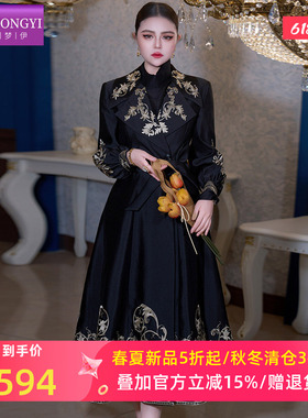 菲梦伊原创绣花黑色风衣外套女春季英伦风时尚休闲收腰中长款大衣