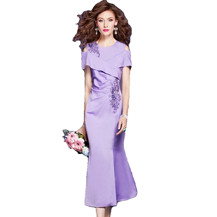 菲梦伊钉珠高级感连衣裙女短袖夏装轻熟气质露肩褶皱修身长裙礼服