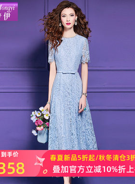 菲梦伊蕾丝连衣裙女短袖夏季淑女优雅名媛收腰时尚中长款度假裙子