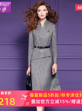 菲梦伊灰色连衣裙女长袖春季阔太太复古高端时尚休闲气质中长裙子