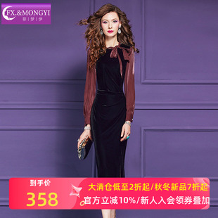 菲梦伊蝴蝶结系带金丝绒连衣裙女长袖 复古轻熟褶皱开叉礼服裙 秋装