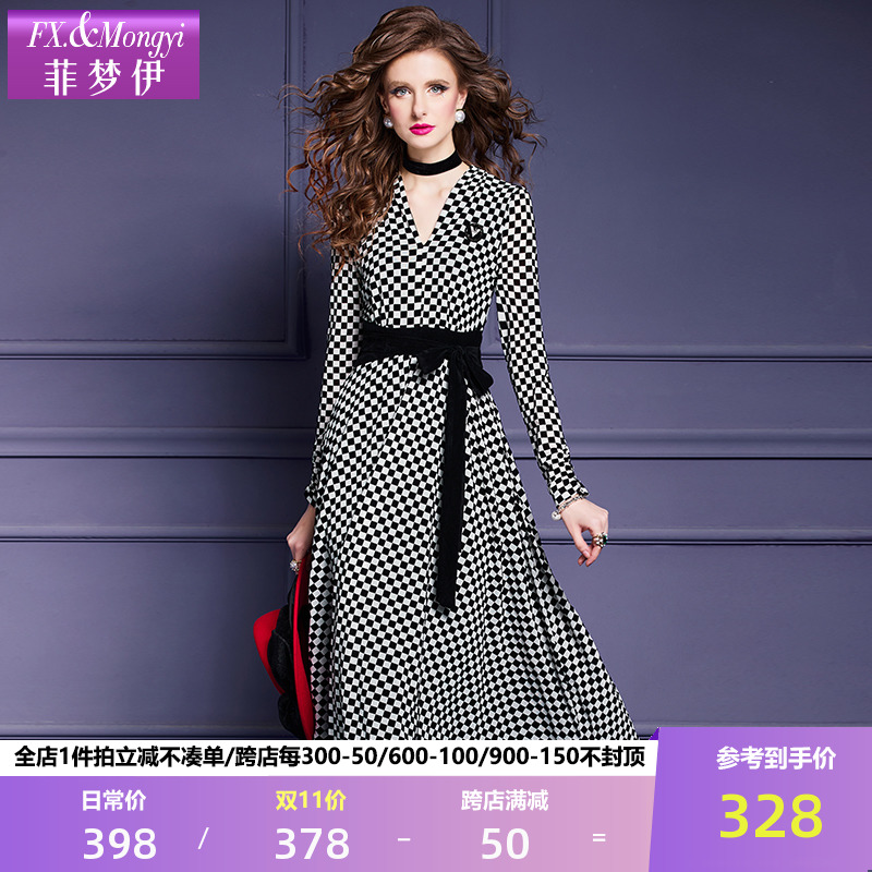 菲梦伊黑白格子连衣裙女长袖冬季法式高级感显瘦V领收腰打底长裙