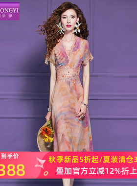 菲梦伊蕾丝边印花连衣裙女短袖夏装法式淑女时尚收腰V领显瘦裙子
