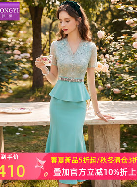 菲梦伊蕾丝荷叶边连衣裙女短袖夏季名媛优雅高端轻熟气质职业裙子