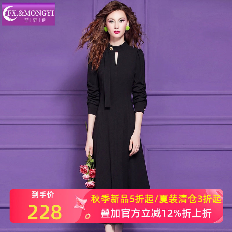 菲梦伊黑色连衣裙女秋季新款法式优雅赫本风设计感气质修身中长裙