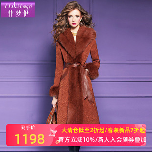 菲梦伊狐狸毛领真皮白鸭绒羽绒服女冬季复古加厚贵夫人中长款外套