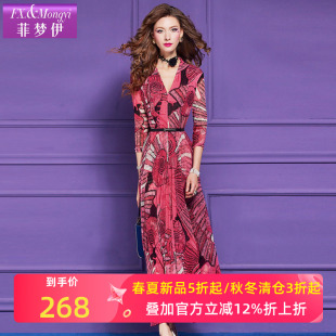 菲梦伊印花红色连衣裙女秋装 复古别致独特优雅收腰气质长裙子 新款