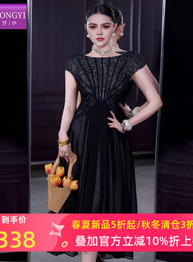 菲梦伊黑色印花连衣裙女短袖夏季法式赫本风高腰轻熟气质A字裙子