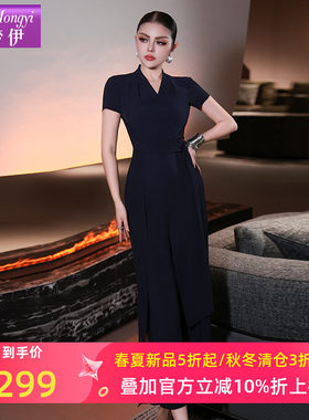 菲梦伊蓝色连体裤女夏季垂感高级时尚设计感收腰V领宽松阔腿裤子