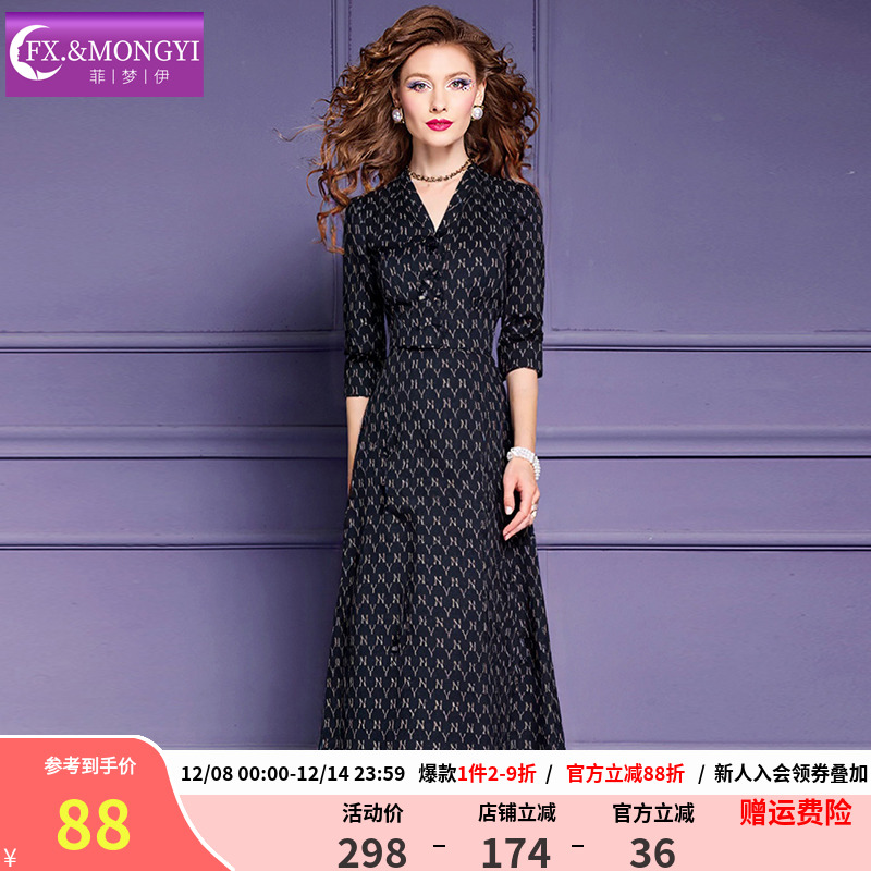 菲梦伊印花连衣裙女冬季新款复古时尚洋气收腰V领中长款打底裙子