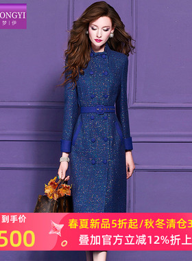 菲梦伊原创亮片蓝色毛呢外套女冬季复古高端加厚双排扣中长款大衣