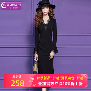 菲梦伊蕾丝边黑色连衣裙女喇叭袖秋冬季轻熟褶皱设计感气质中长裙