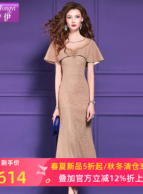 菲梦伊钉珠亮丝连衣裙女夏季轻熟高端名媛优雅修身设计感长裙礼服