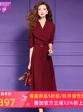 菲梦伊红色连衣裙女春季新款翻领高级感时尚气质收腰阔太太中长裙