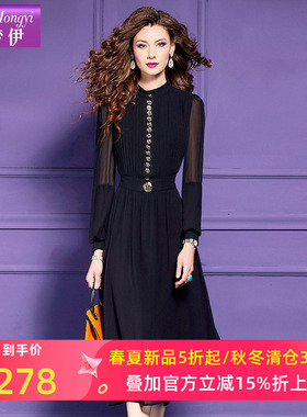 菲梦伊黑色衬衫连衣裙女春季法式名媛赫本风减龄气质收腰中长裙子