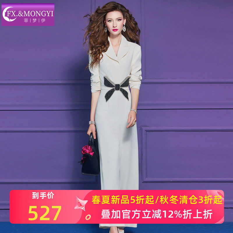 菲梦伊蝴蝶结印花西装领连体裤女春季垂感高腰通勤职业宽松连衣裤