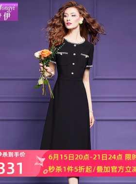 菲梦伊原创钉珠黑色连衣裙女短袖夏装法式赫本风名媛气质A字裙子