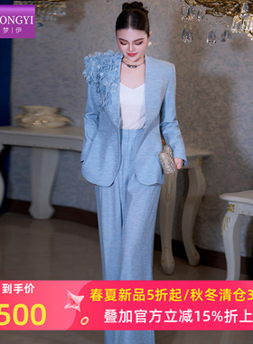 菲梦伊蓝色西装套装女春季设计感立体花朵西服外套职业裤子两件套