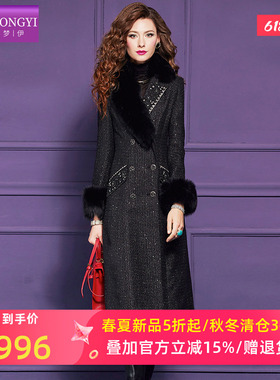 菲梦伊大毛领钉珠亮片黑色毛呢外套女冬季高品质加厚西装中长大衣