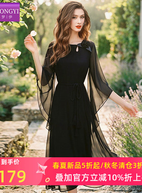 菲梦伊黑色连衣裙女夏季新款设计感小众系带修身显瘦轻薄中长裙子