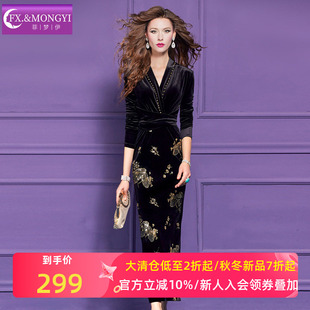 菲梦伊钉珠绣花黑色金丝绒连衣裙女冬季法式赫本风性感长裙子礼服