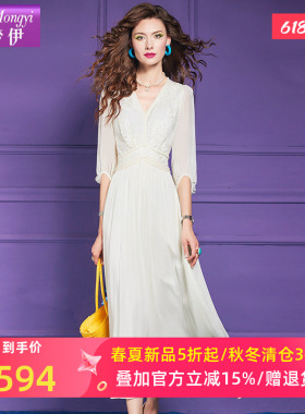 菲梦伊桑蚕丝钉珠绣花白色连衣裙女夏季高端真丝拼接收腰超仙长裙