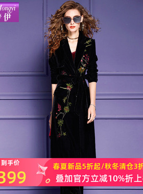 菲梦伊金丝绒绣花黑色套装女春季复古中长款西装外套大衣阔腿裤子