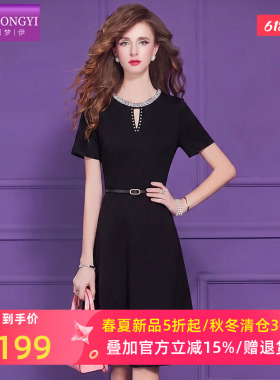菲梦伊钉珠黑色连衣裙女短袖夏季法式赫本风收腰圆领气质A字裙子