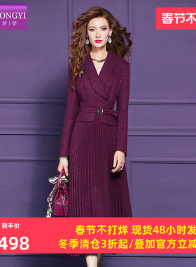 菲梦伊原创含羊毛西装连衣裙女冬季复古加厚设计感收腰百褶中长裙