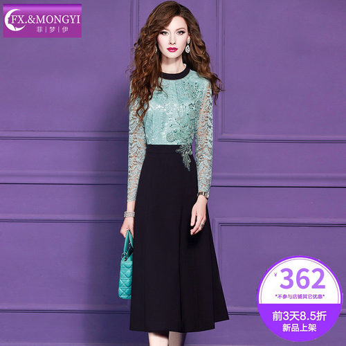 菲梦伊绿色蕾丝拼接假两件连衣裙女春季优雅名媛高腰气质A字裙子