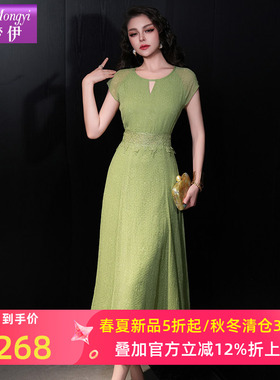 菲梦伊蕾丝边绿色连衣裙女短袖夏季高级感独特温柔名媛大码长裙子