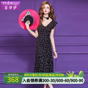 法式 赫本風(fēng)輕熟V領(lǐng)海邊度假裙子 夏季 菲夢伊波點(diǎn)黑色連衣裙女短袖