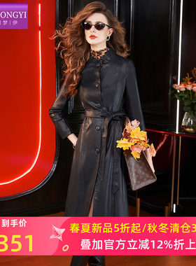 菲梦伊黑色皮衣外套女春季复古英伦风时尚收腰气质中长款风衣大衣
