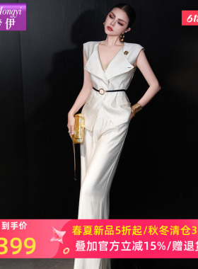 菲梦伊白色西装套装女夏季高品质时尚气质上衣送腰带配休闲阔腿裤