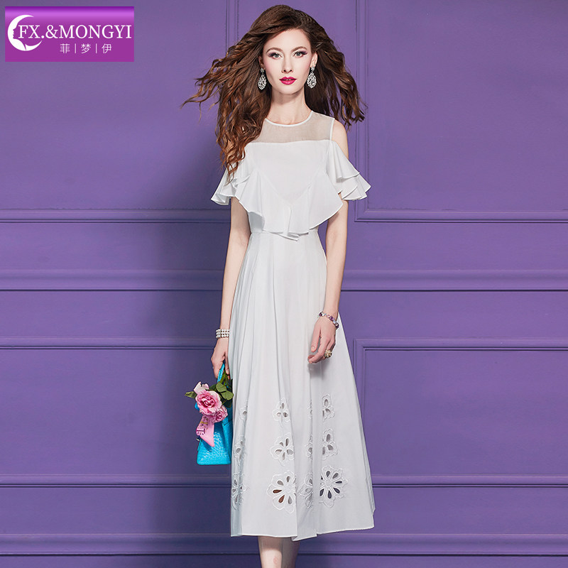 菲梦伊镂空钩花连衣裙女短袖夏季荷叶边年轻款减龄超仙露肩中长裙