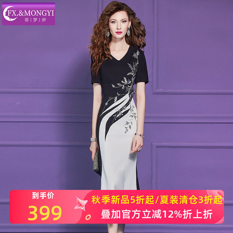 菲梦伊亮片撞色连衣裙女短袖夏季法式轻熟名媛气质女人味V领长裙图片