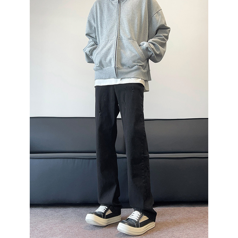现货！弹力修身三色磨破拼接直筒牛仔长裤XZ503K828P55控78图片