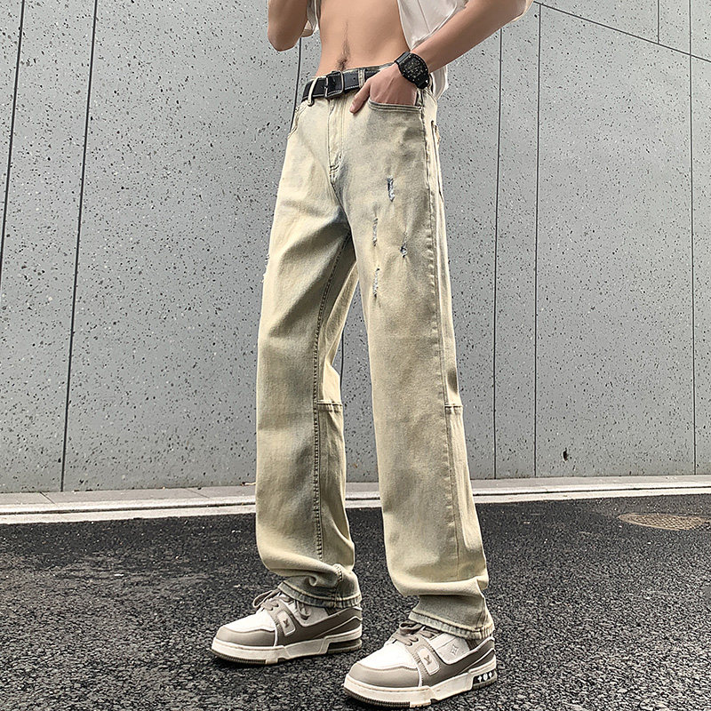 2025夏季拼接白色破洞弹力修身薄款牛仔裤XZ503-1K828-P55控78,男装牛仔裤,星座503-1