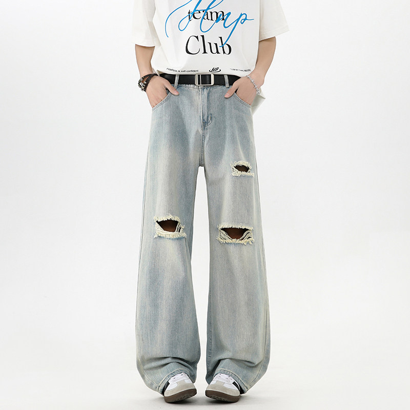 水洗做旧破洞牛仔裤男夏季美式潮牌竹节纹纯色宽松直筒阔腿长裤子,男装牛仔裤,星座503-1