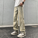 2025夏季拼接泥黄色破洞弹力修身薄款牛仔裤XZ503-1K828-P55控78，男装牛仔裤，星座503-1